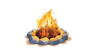 Outdoor campfire ringed by grey stones