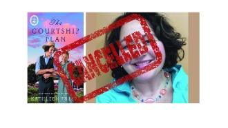 Cancelled text written over the images of Kathleen Fuller and her book cover