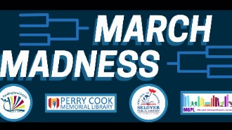 March Madness brackets with the four Morrow County Library logos